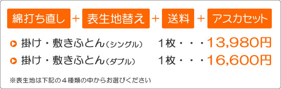 綿打ち直し+表生地替え+送料+アスカセット　シングル1枚13,980円、ダブル1枚16,600円